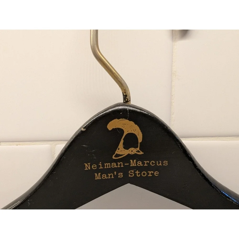 Vintage Neiman Marcus Wooden Suit Hanger Black Gold Hook Designer Closet